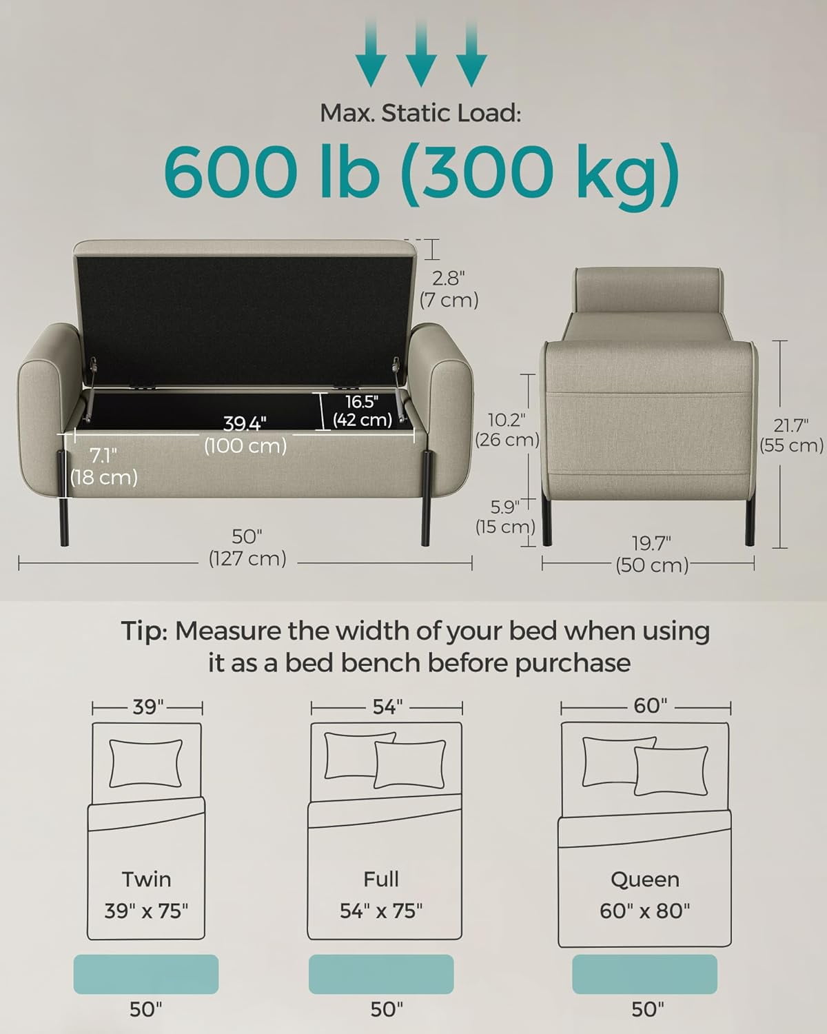 SONGMICS Storage Bench with Armrests Ottoman with Storage Storage Ottoman Bench for Bedroom Living Room Entryway Camel Brown