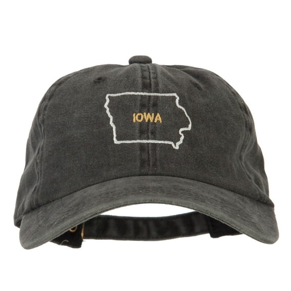 Iowa with Map Outline Embroidered Washed Cotton Twill Cap - Black OSFM