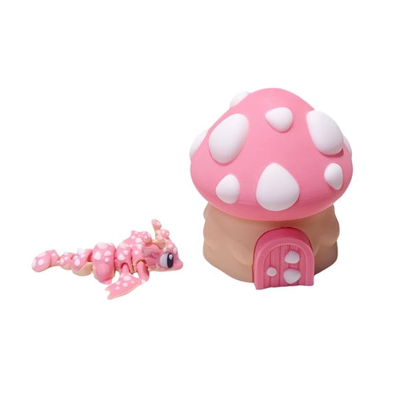 3D Printed Cute Mushroom House with Dragon Figurine, Whimsical Desk Sculpture, Plastic Fantasy Home Decoration, Tabletop Ornament, Seasonal Gift, Desktop Display, Home & Office Decor