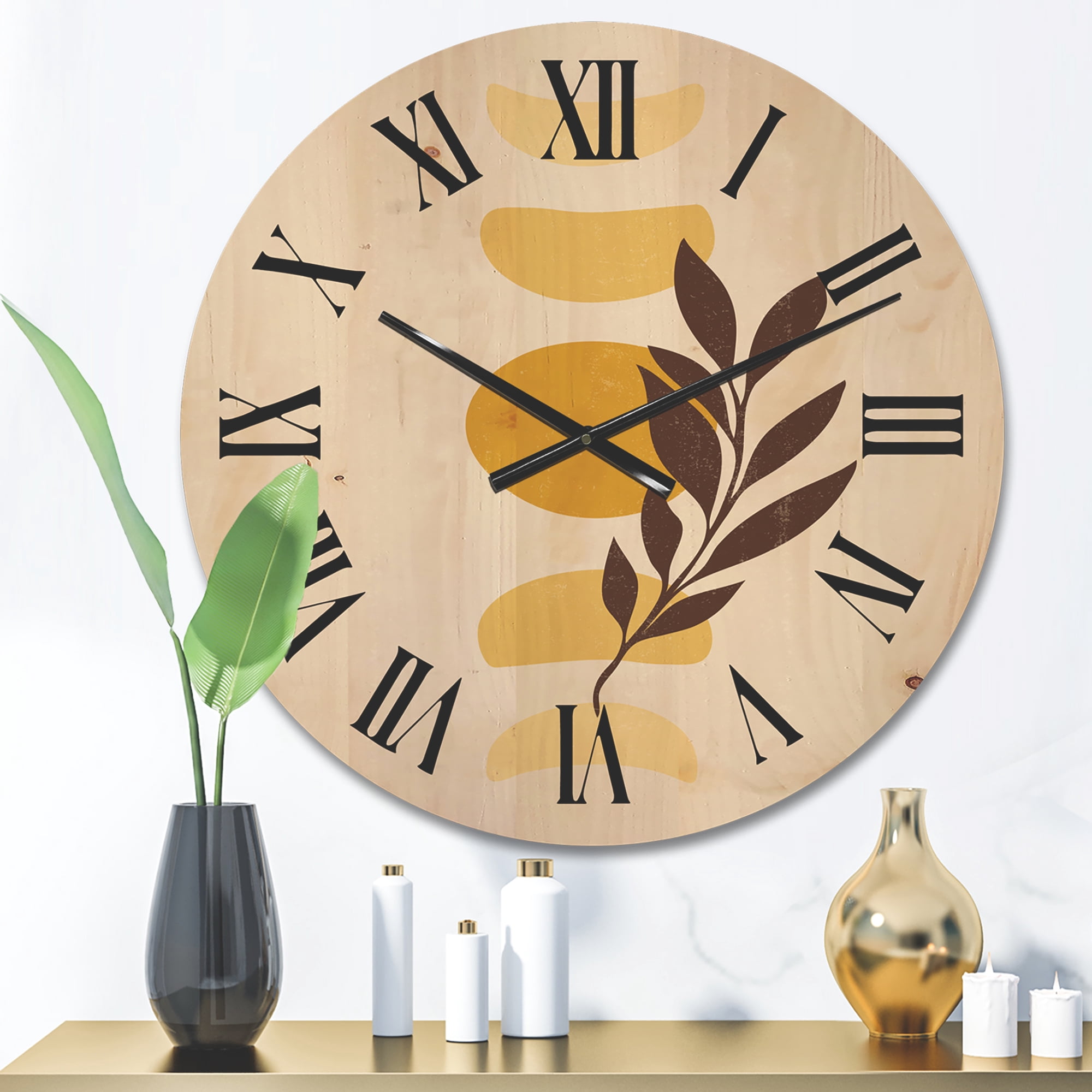 Designart 'Abstract Geometrical Moon and Sun With Leaf VII' Modern Wood Wall Clock