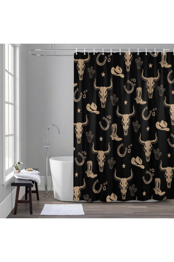Western Cow Skull 66x72 Inches Waterproof Shower Curtain, Vintage Cactus Cowboy Hats Boots Black Bath Curtain Set with 12 Hooks Washable Shower Curtains for Bathroom Bathtub Decor