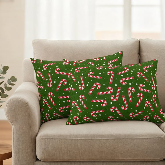 Outdoor Waterproof Throw Pillow Cover Christmas Candy Cane Pattern Decorative Pillow Covers 20x12inch Set of 2 Pillows Case, Green Background Cushion Cases for Sofa Couch Patio Garden