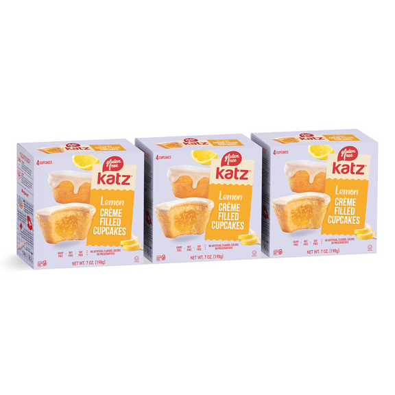 Katz Gluten Free Creme Filled Cupcakes - Lemon | Gluten Free, Dairy Free, Nut Free, Soy Free, Kosher | (3 Pack, 7.0 Ounce Each)