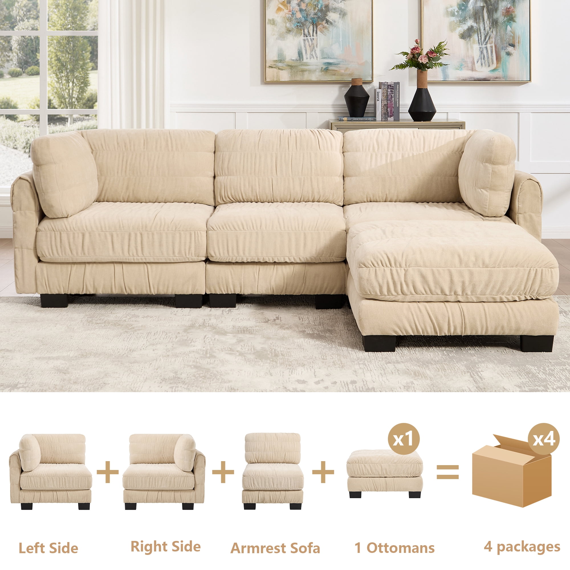 109" L Shape 3 Seat Chenille Modular Sectional Sofa with Movable Ottoman and L Shape Back Cushions