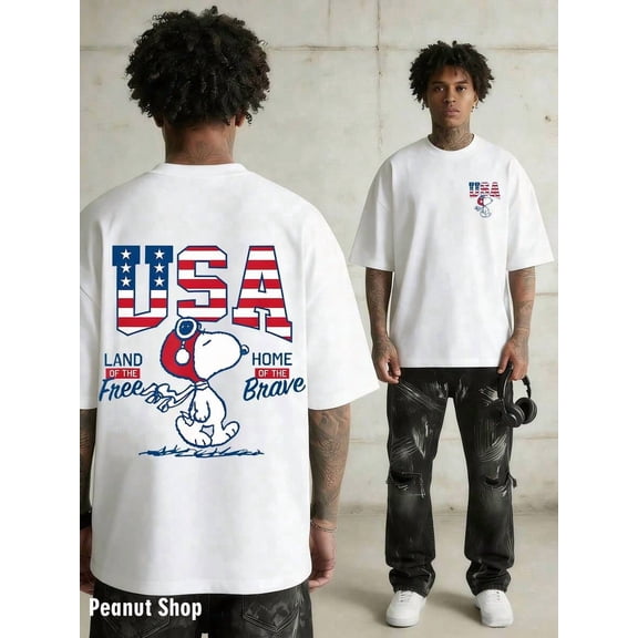 Independence Day USA Men's Oversized Snoopy USA Graphic T-Shirt, Cotton Casual Streetwear Tee, Land Of The Free & Home Of The Brave Patriotic Print