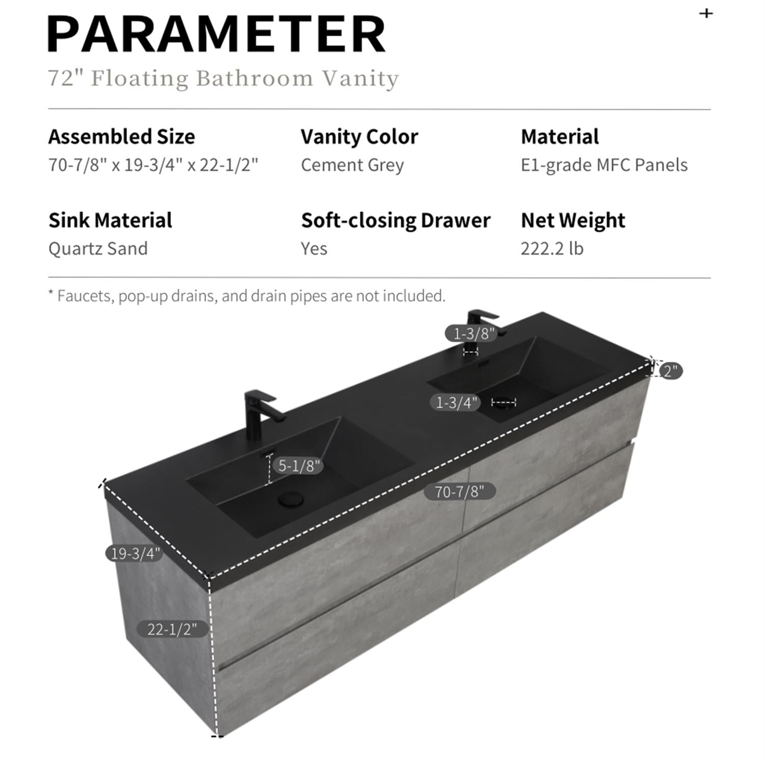 Demi Bonn 70" Floating Bathroom Vanity with Sink, Double Black Quartz Sand Top Basin and 4 Soft Close Drawers, Faucets and Drains Not Included, Gray