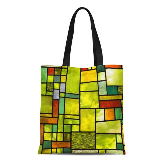 NUDECOR Canvas Tote Bag Multicolored Stained Glass Window Irregular Block Pattern Reusable Shoulder Grocery Shopping Bags Handbag