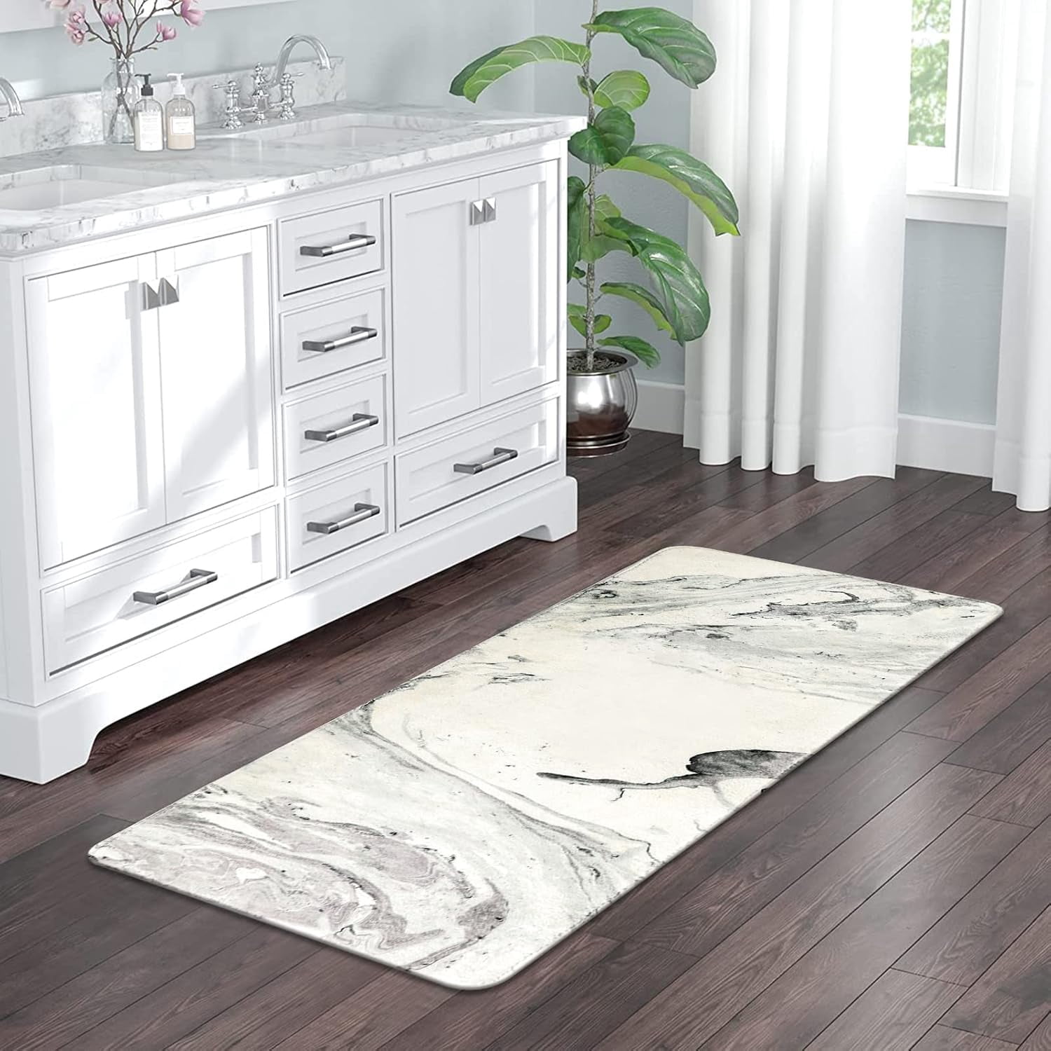 Bath Rug Runner 20x59 inch Beige Marble Velvet Bath Mat Non-Slip Modern Long Bathroom Rug Soft Luxury Microfiber Machine-Washable Floor Rug Carpet for Tub Shower