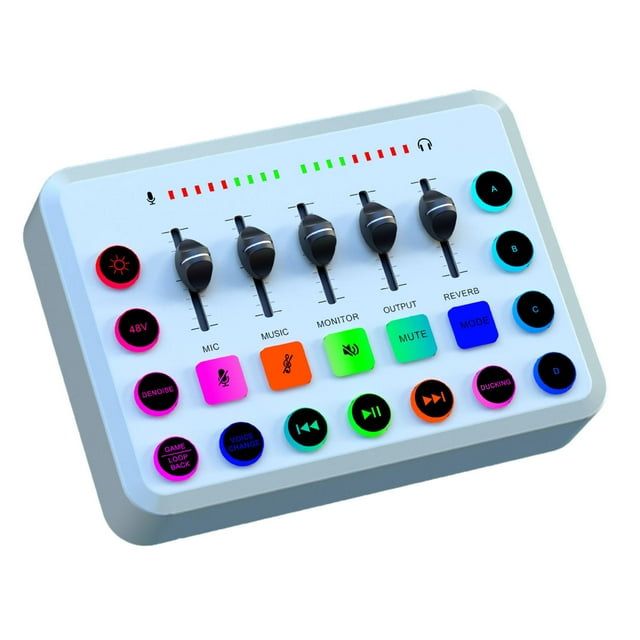 Bunblic Gaming Audio Mixer Audio Mixer Colorful Lighting Effect Rechargeable Sound Board DJ Mixer Sound Card for Recording Game Voice White