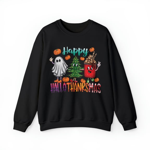 Happy Hallothanksmas Halloween Thanksgiving Christmas Funny Sweatshirt Women's Crewneck Black Large