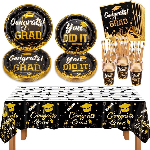 201PCS Graduation Party Tableware Set for 25 Guests, Class of 2026 Disposable Graduation Decorations with Plates, Cups, Napkins, Tablecloth & Cutlery, Black Gold Grad Party Supplies