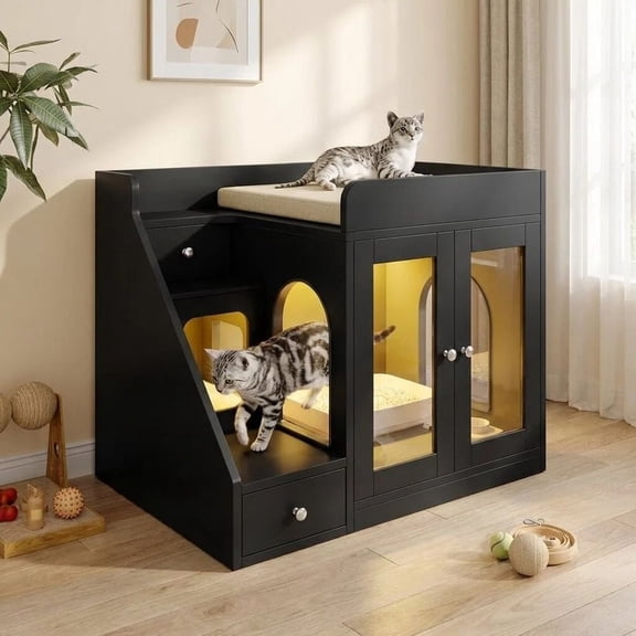 MINESTIA  Cat Litter Box Enclosure with Light, Hidden Litter Box Furniture with 2 Storage Drawers, Indoor Cat House Side Table for Living Room