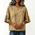 thumbnail image 3 of Lenpel Cotton Linen Shirts for Women Crew Neck Half Sleeve Boho Tops Casual Vintage Frayed Blouses Beach Vacation Clothes, 3 of 6