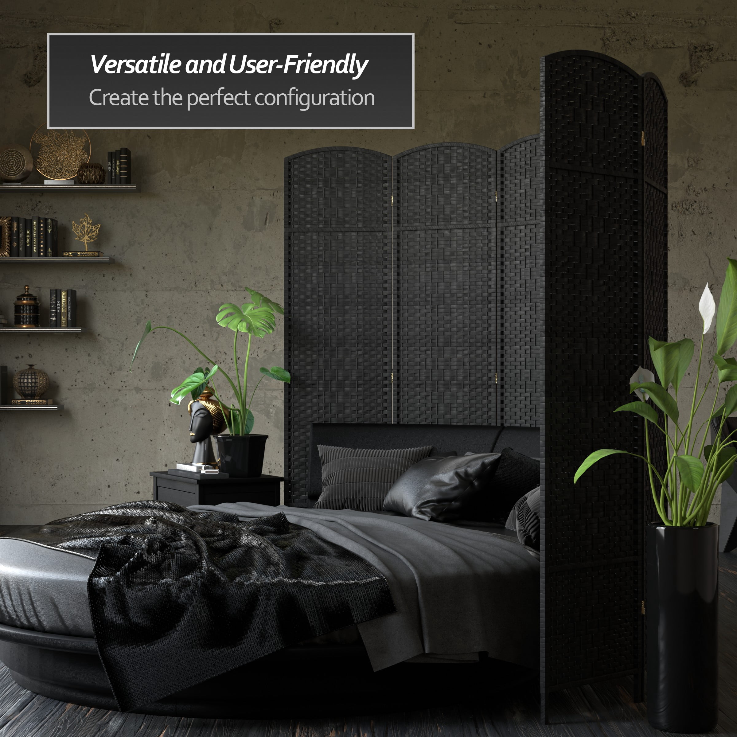 7 ft. Tall Rattan Fiber Diamond Weave Privacy Screen Room Divider - Black - 6 Panels