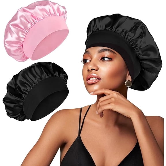 2PCS Satin Silk Hair Bonnet Soft Sided Sleep Cap Satin Bonnet Silk for Women Hair Care with Wide Elastic Band