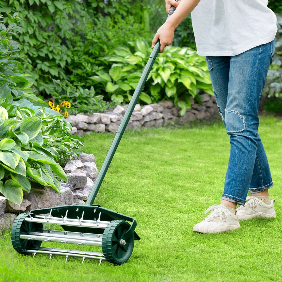 Gymax 18-inch Rolling Lawn Aerator Rotary Push Tine Spike Soil