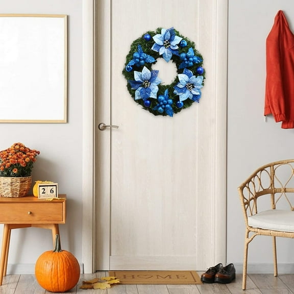 Iumwxz Christmas Wreath for Front Door 15 Inch Full Artificial Wreath with Glitter Berry Clusters and Frosted Branches Blue PVC Indoor Outdoor Holiday Decor