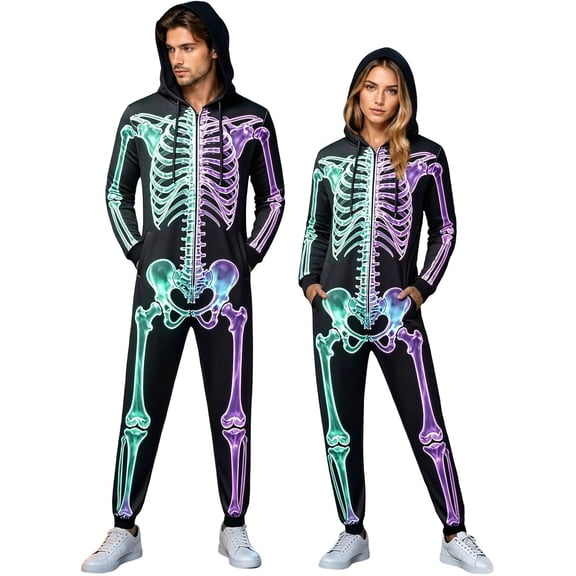 Skeleton Jumpsuit Halloween Costume for Women Men, Unisex Adult Skeleton Onesie Pajamas Cosplay Party 2026, Cozy One Piece Outfit