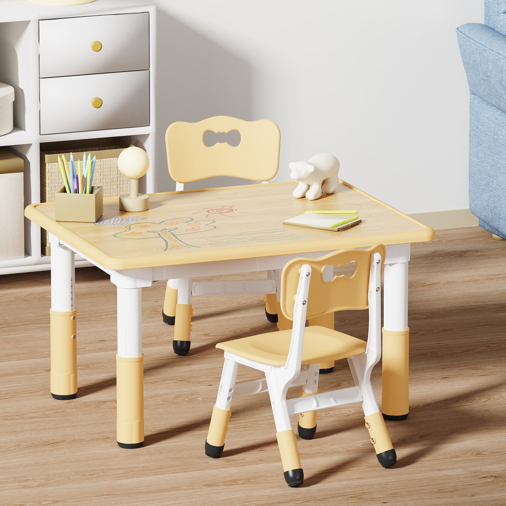 Kids Table and 2 Chairs Set, Height Adjustable Toddler Table and Chair Set, Graffiti Desktop, Classroom/Daycare/Home, Children Multi-Activity Table for Ages 2-8