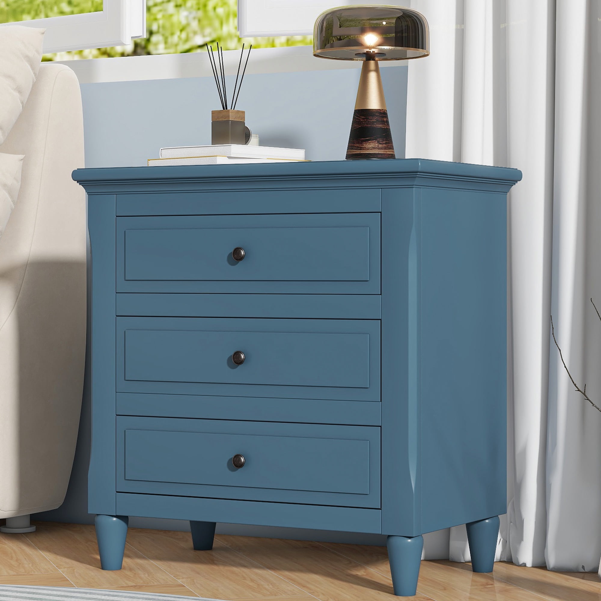 3 Drawer Nightstand,28" H Bedside Cabinet with Metal Handle,Modern Sofa Side Table with Rubber Legs for Bedroom Sofa Couch Office,Blue