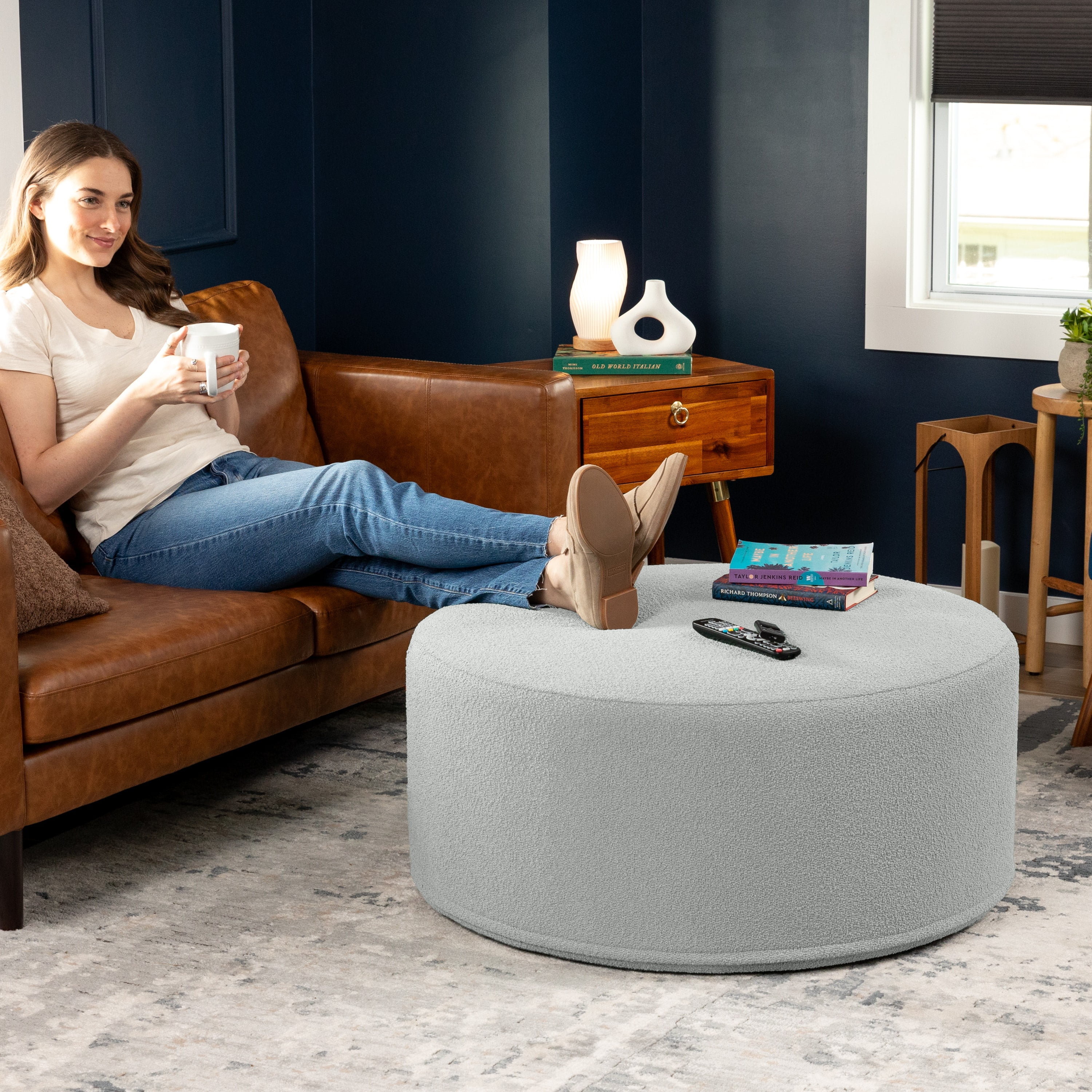 Jaxx Candler Round Coffee Table Ottoman, Large, 36-Inch, Boucle