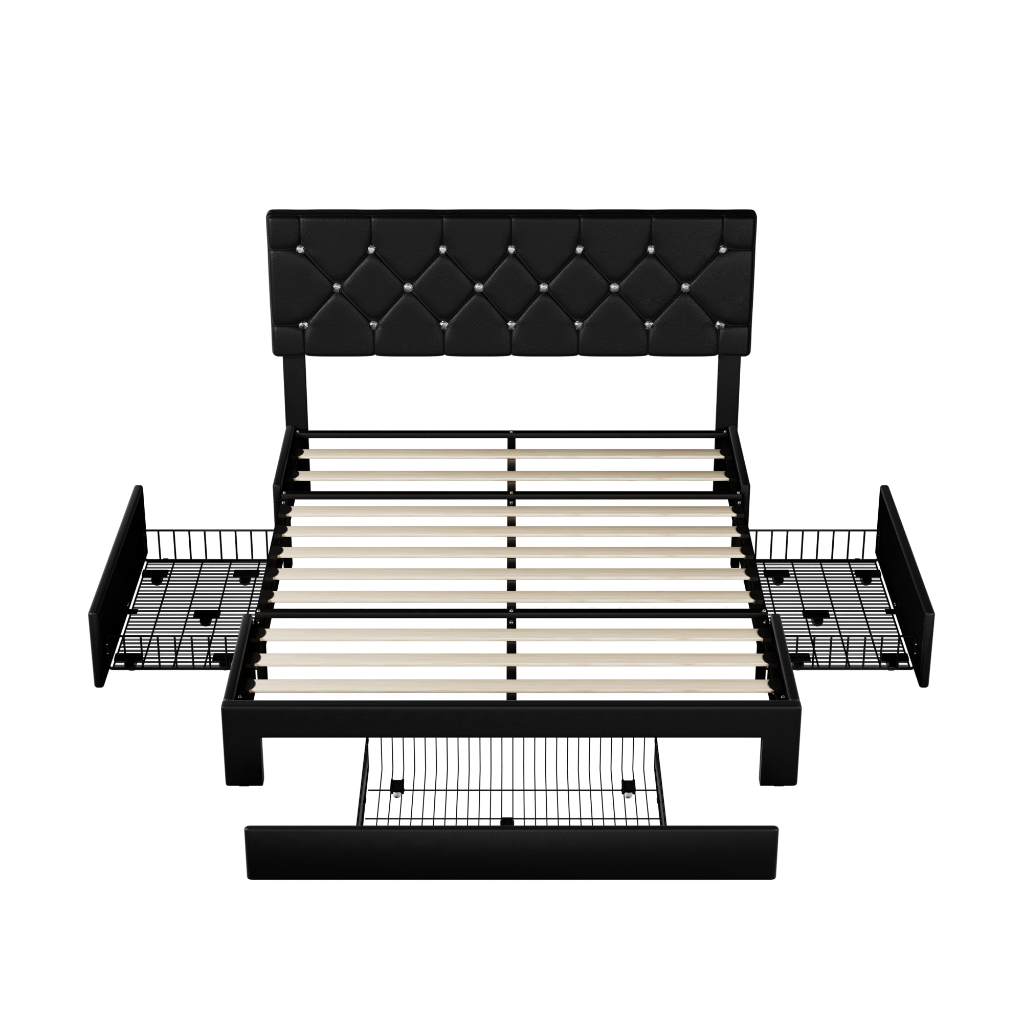 VECELO Queen Size Upholstered Bed Frame with 3 Drawers & Adjustable Headboard, Under Bed Storage, Black