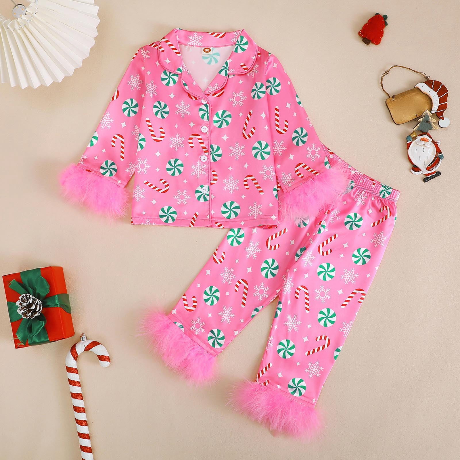 newwalpole Toddler Satin Merry Christmas Outfit For Kids Long Sleeve Feather Trim Pant Set Little Girl Fall Winter Clothes Hot Pink for Size 5-6 Years