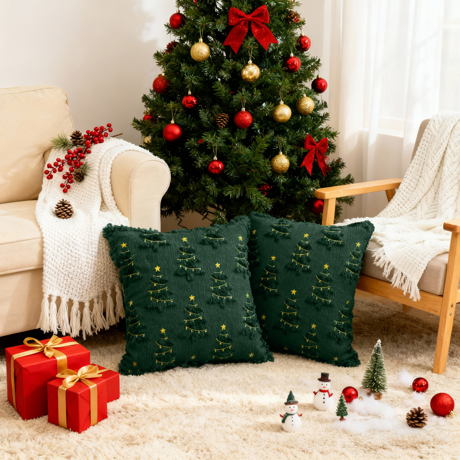 Sanmadrola Christmas Pillow Covers Soft Fluffy Pillowcases for Home Decor Winter Holiday Cushion Cases for Sofa Couch Bedroom Living Room Xmas Decoration 18x18 Green Christmas Tree