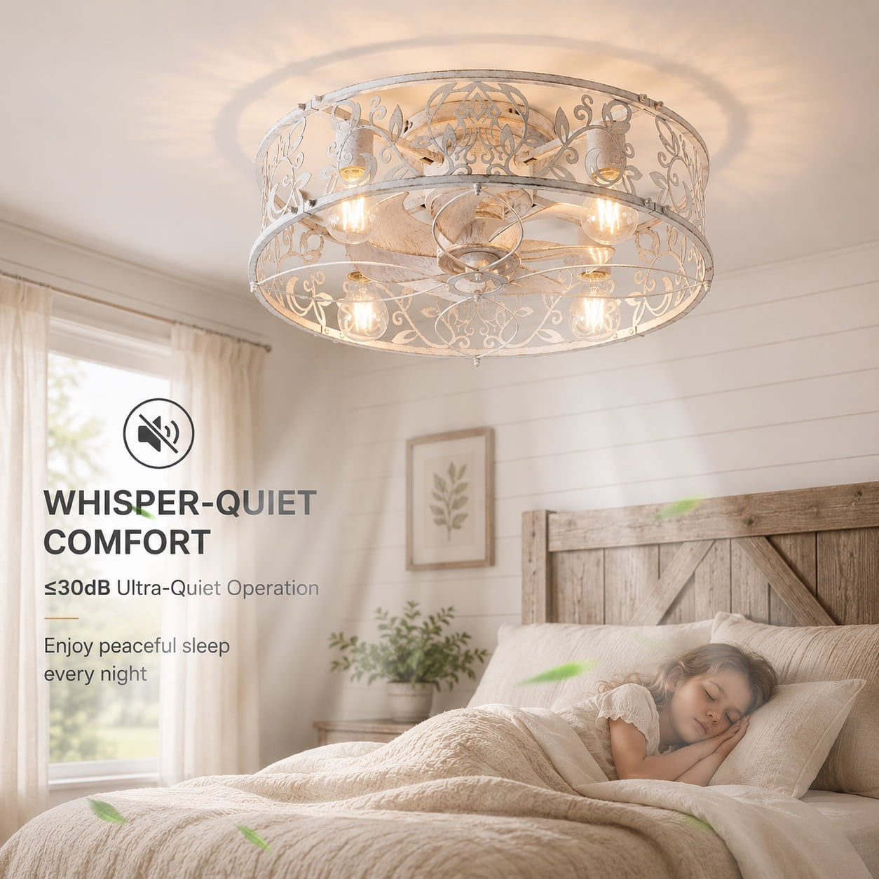 Garwarm 20in. Distressed White Caged Farmhouse Ceiling Fan with Lights and Remote, 6-Speed Reversible Low Profile Flush Mount Ceiling Fan, Industrial Enclosed for Bedroom, Kitchen