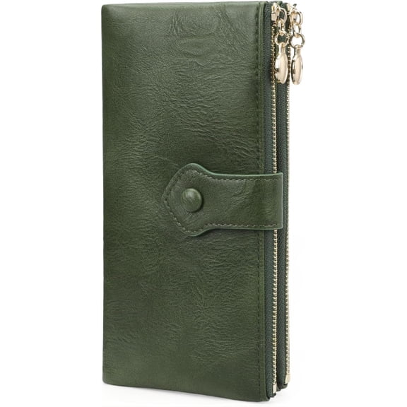 Wallet for Women Ladies Wallets Billfold RFID Blocking Card Holder Long Double Zippers Clutch Purse Green