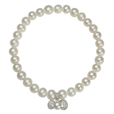 7-8mm White Cultured Freshwater Pearl and Cubic Zirconia Encrusted Bow Charm Stretch Bracelet, 7.5