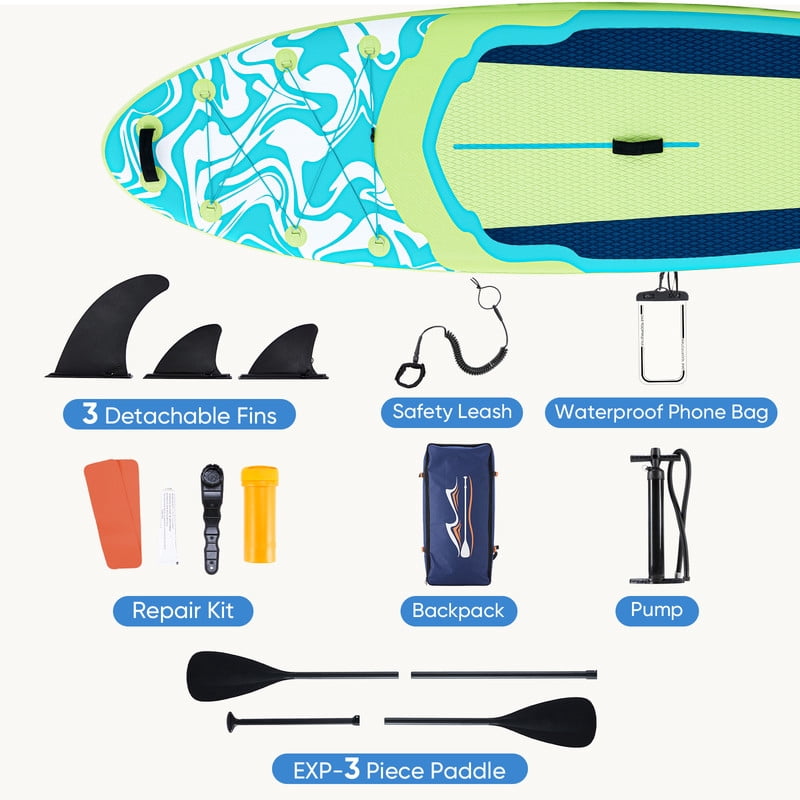 TINKLE WELL 10'5" Inflatable St& Up Paddle Board (SUP) Kit, Wide Stable Design w/ Non-Slip Deck & Adjustable Paddle for Youth & Adults，Green & Blue