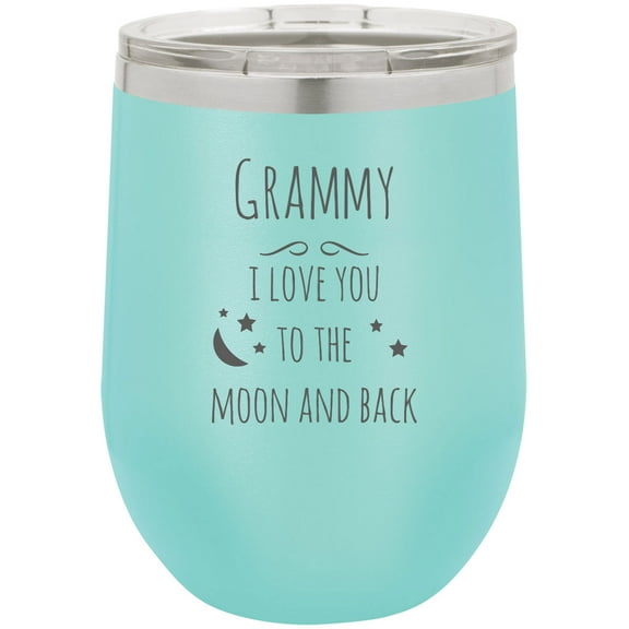 Grammy - I Love you to the moon and back Stainless Steel Engraved Insulated 12 oz Double-Walled Wine Tumbler with Clear Plastic Lid, Teal