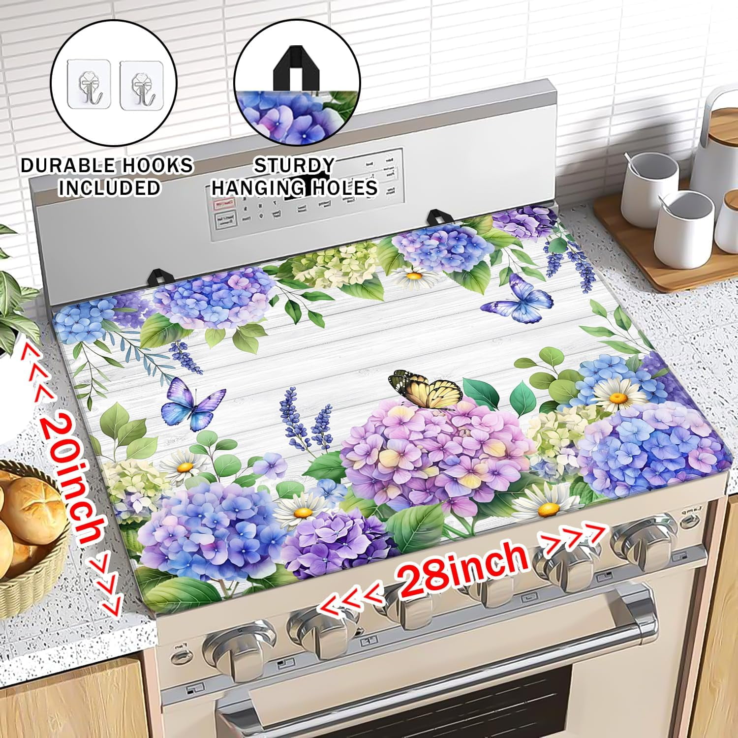 Spring Hydrangea Stove Top Cover Blue Flowers Gas Stove Top Cover for Home Decoration Kitchen Pad Floral Non-Stick Washable Cooktop Covers Countertop Protector Keep Stove Clean White