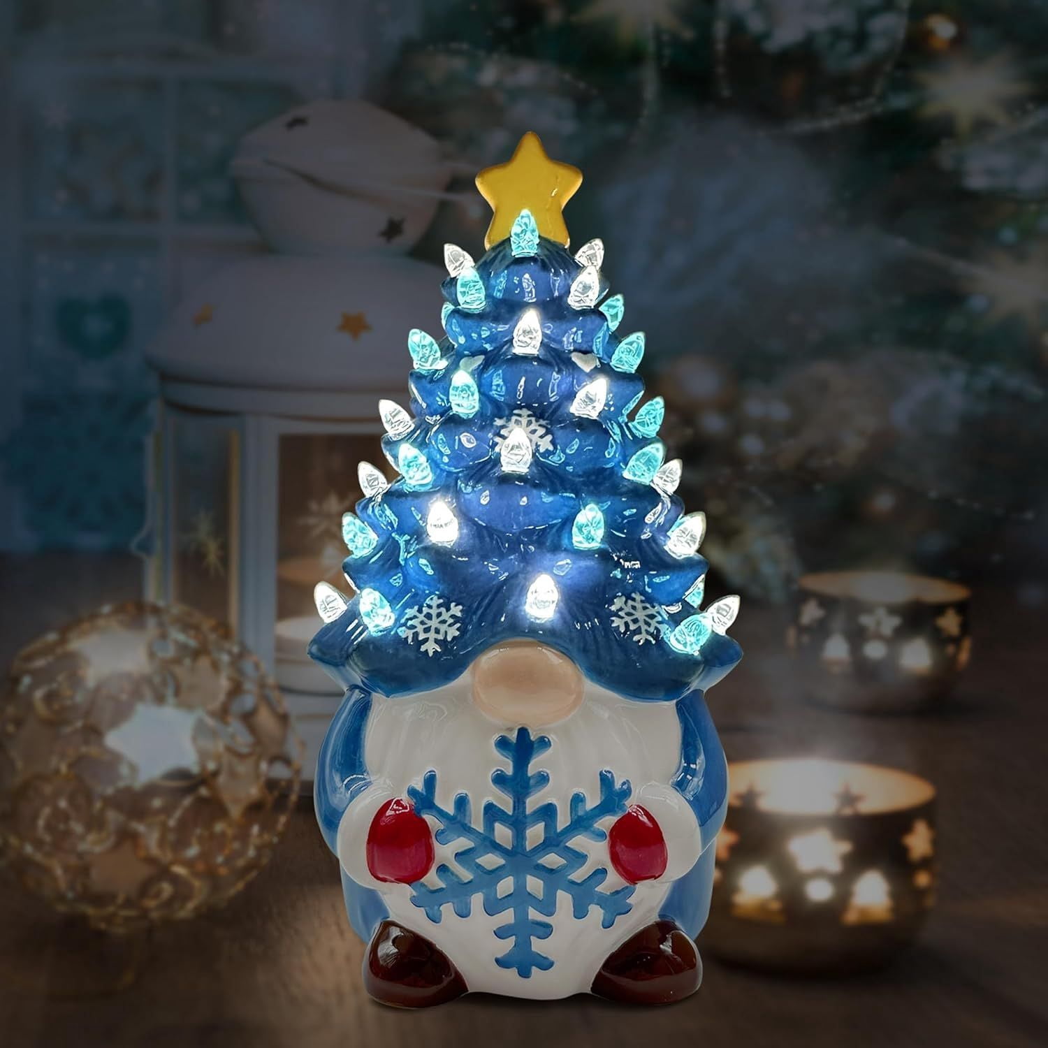 Christmas Gnome Christmas Tree, 8In Mini Ceramic Lighted Christmas Tree, Small Mini Prelit Xmas Holiday Decor for Tabletop Home Room Table Fireplace Office