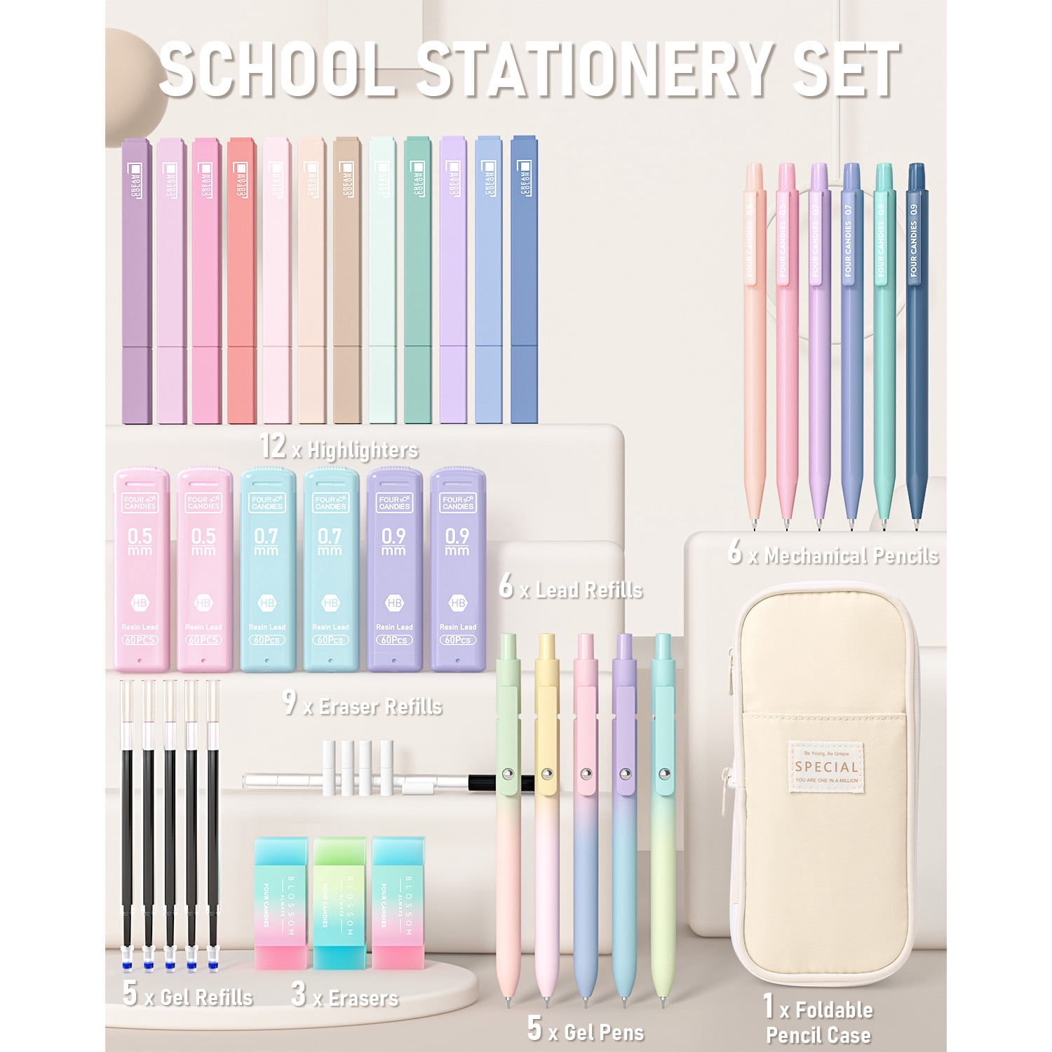 Four Candies 39 PCS Cute Supplies with Pen Case- 5 Black Ink Gel Pens, 12 Pastel Highlighters, 6 Aesthetic Mechanical Pencils Set for Stationary College Essentials (Cream)