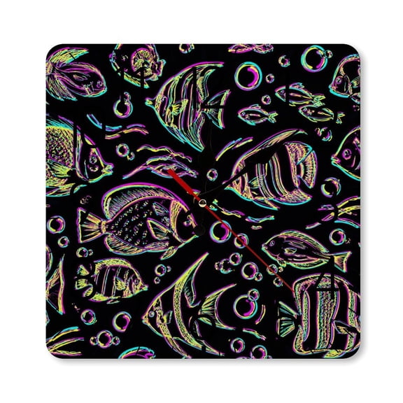 RKSupls 10×10inch Square Silent Wall Clock Wooden Frame, Neon Fish Bubbles Black Scale Decorative Clock for Home Bedroom Living Room Office