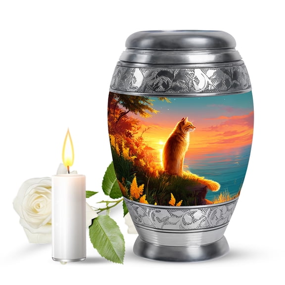 JAGASY Cat Mini Urn for Ashes for Mother, Teal Blue Small Keepsake Urns for Human Ashes, Ocean Sunset Grassy Cliff & Yellow Blue Sky Decorative Urns for Couple, Memorial Urn for Father, (3 Inch)