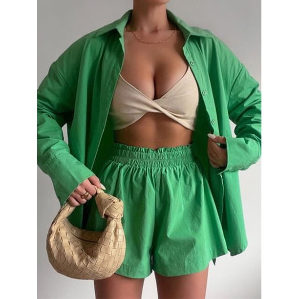 Casual mujer amarillo salón desgaste verano chándal pantalones cortos conjunto de camisa de manga larga Tops y Mini pantalones cortos traje 2023 nuevo conjunto de dos piezas Tan Jianjun unisex