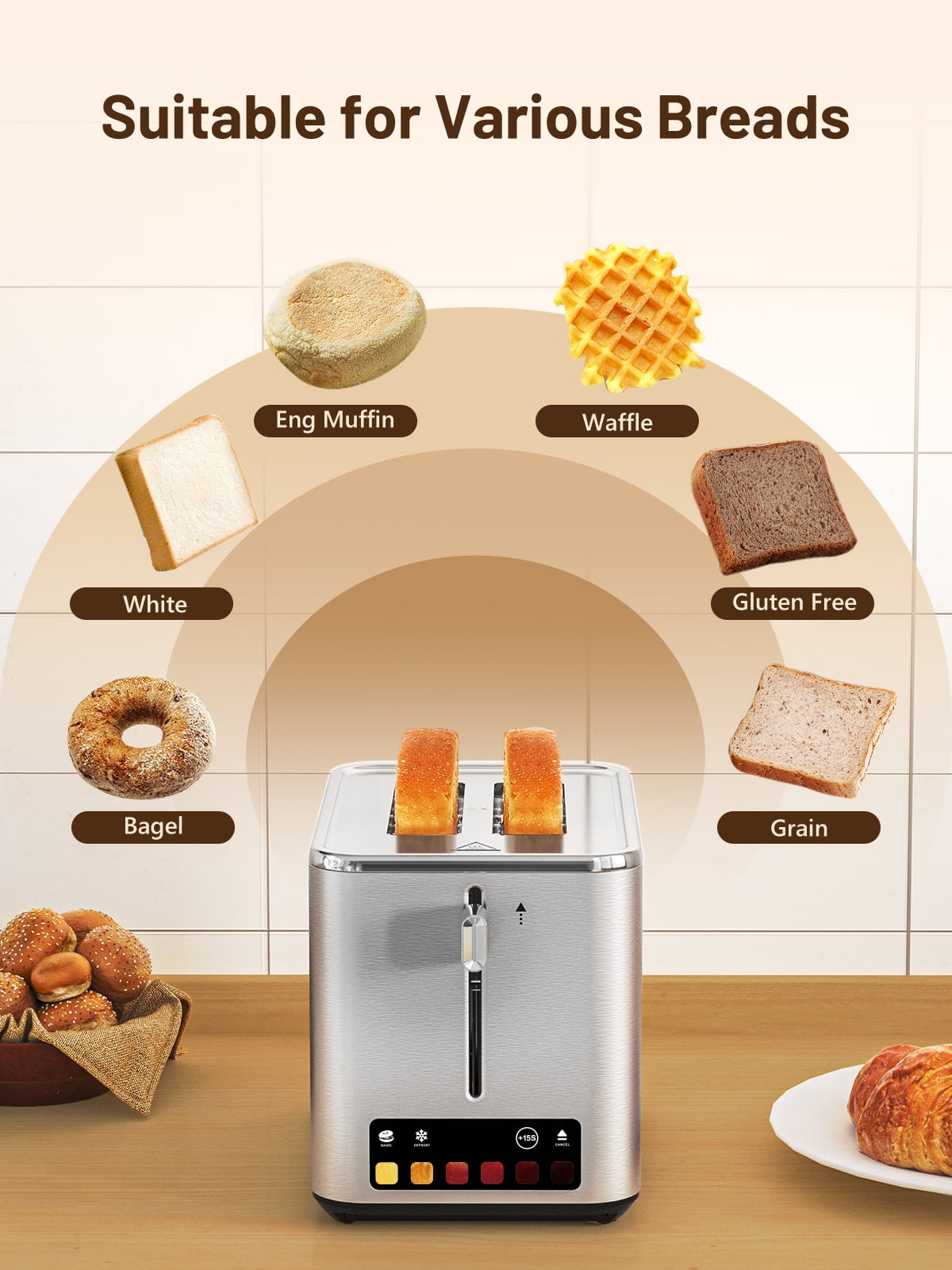 Smart 2 Slice Toaster with Touch Screen, Defrost Function, Wide 1.5" Slots for Bagels, Waffles, Muffins, and Gluten-Free Bread, Stainless Steel Toaster with Warming Rack, 850W