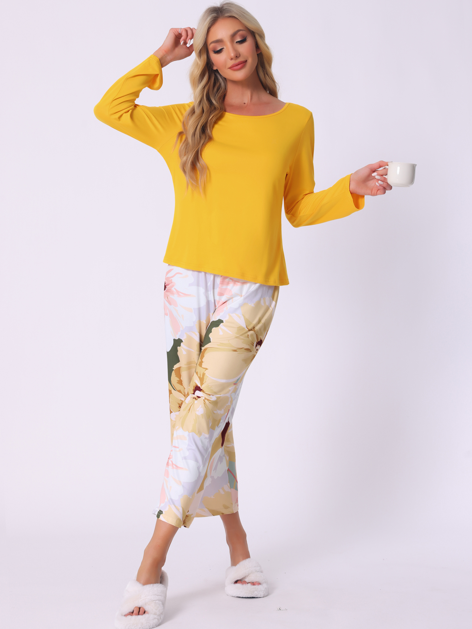 DARING DIVA Long Sleeve Floral Capri Soft Strechy Pajama Sets 2 Pieces S Yellow