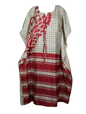 Mogul Women White,Red Maxi Kaftan Dress Printed Beach Cover Up Resort Wear Housedress Caftan 2XL