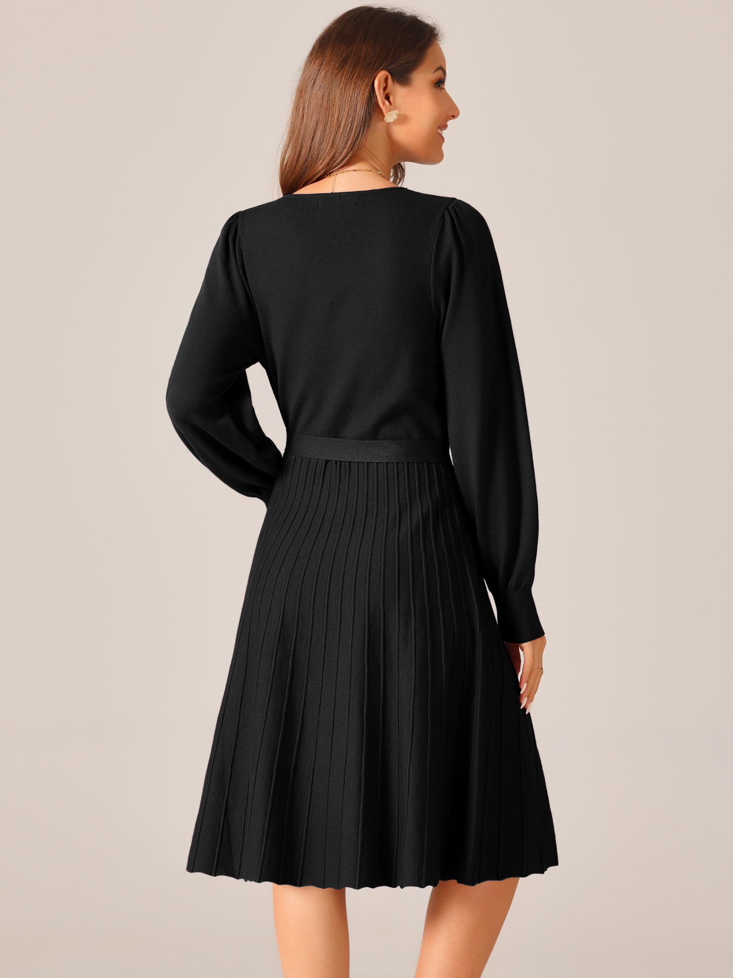 DARING DIVA V Neck Long Sleeve Tie Waist Pleated A-Line Midi Dress L Black