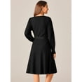 thumbnail image 4 of DARING DIVA V Neck Long Sleeve Tie Waist Pleated A-Line Midi Dress S Black, 4 of 6