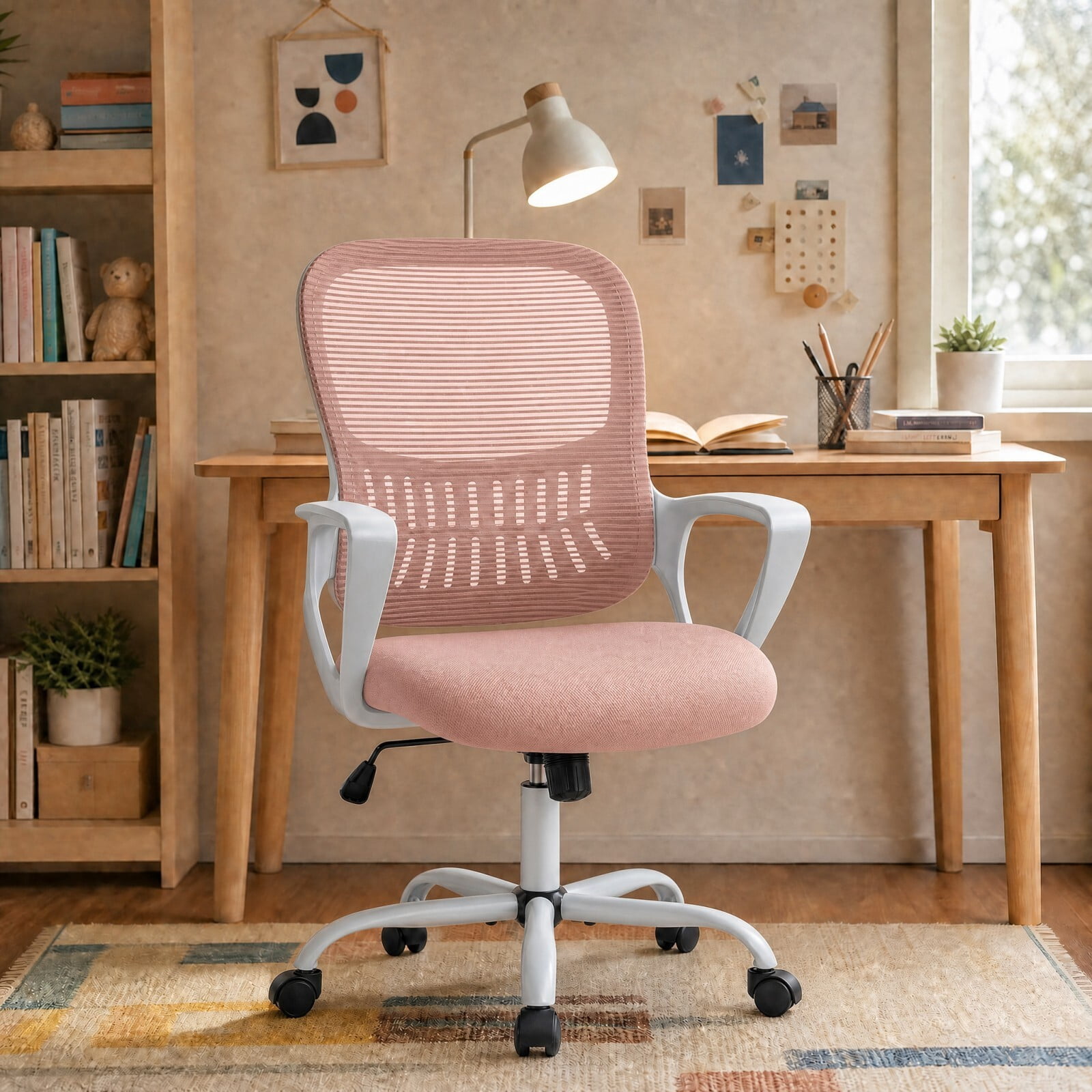 Kelno Ergonomic Mesh Office Chair Mid Back Desk Chair with Lumbar Support Adjustable Height Swivel Task Chair, Pink