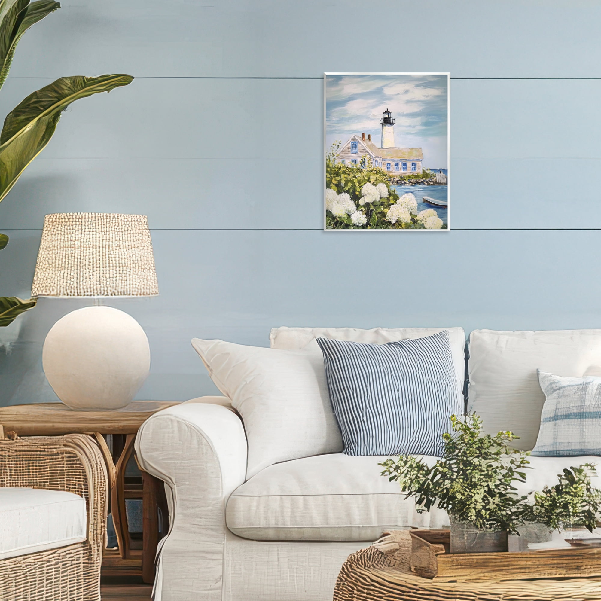 Stupell Industries Lighthouse Scenery with Hydrangeas Wall Plaque Art, design by Sisi and Seb