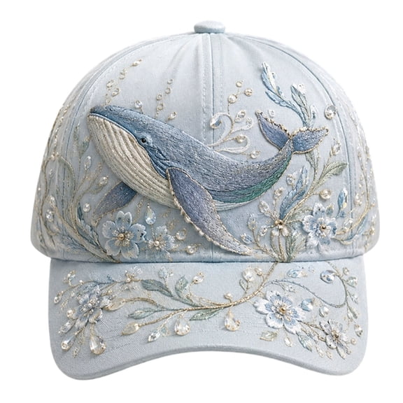AHGQT Ocean Creatures Print Cap, Adjustable Cotton Baseball Cap, Raised Embroidered Sea Animal Hat for Beach Travel, Whale