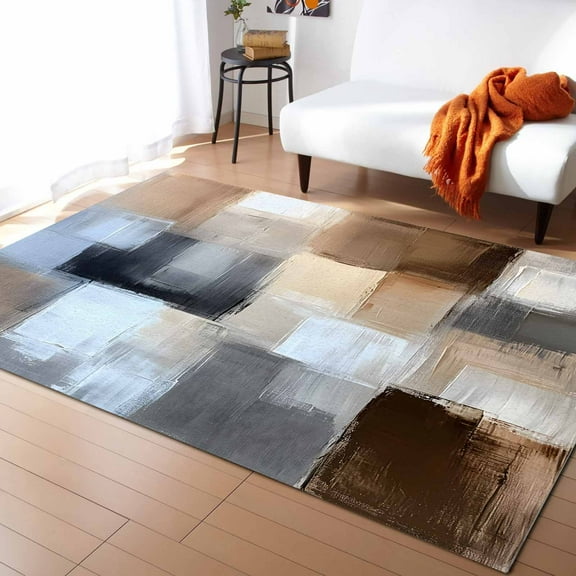 Area Rugs Indoor Non-Slip Rectangle Rug 2x3 Ft Khaki Brown Grey Abstract Art Color Block Rug Rubber Backing Floor Mats Non Shedding Home Decor Carpet for Entryway Living Room