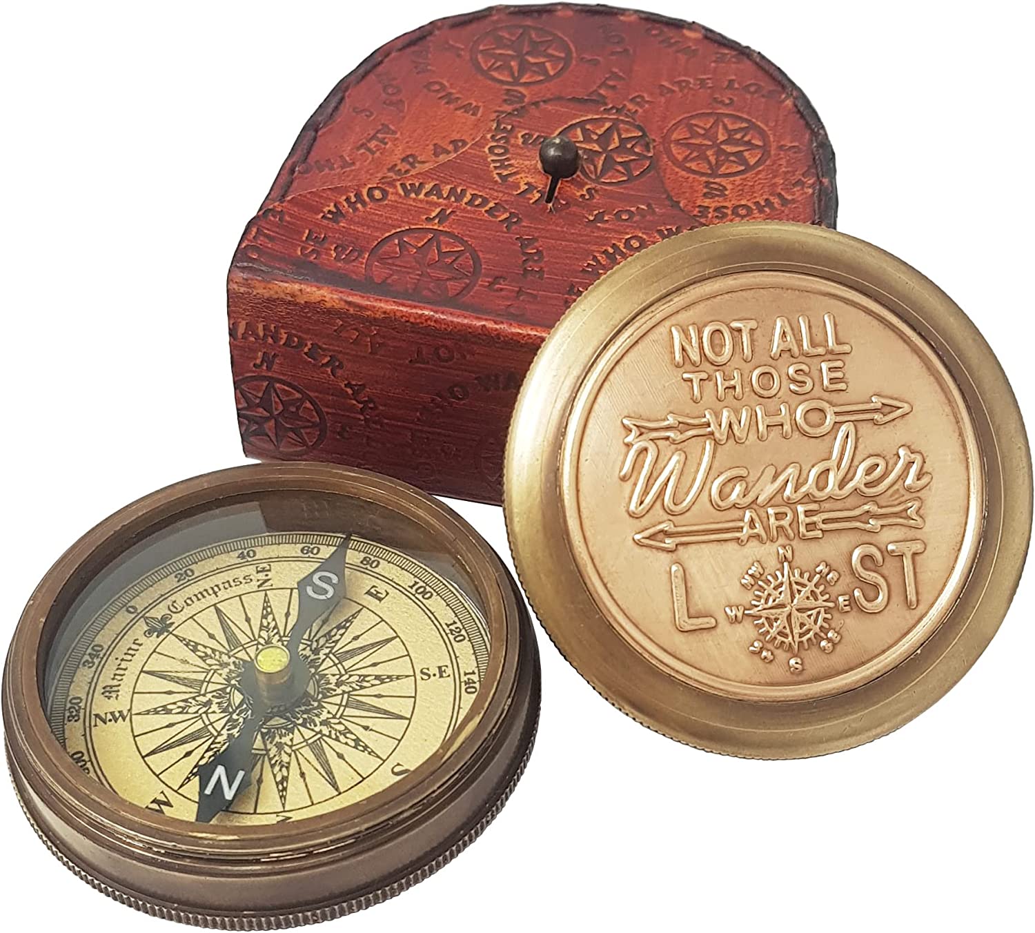 Brass Compass "Not All Who Wander Are Lost" Nautical Gift In Wooden Box – Perfec | UK