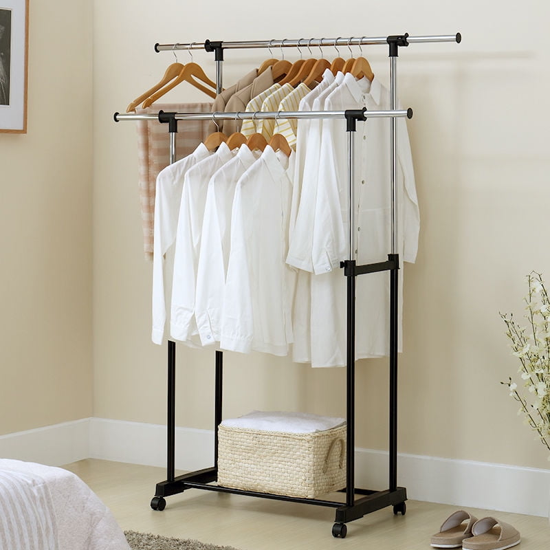 Double Heavy Duty Rail Clothing Garment Rack Portable Rolling Clothes Dry Hanger 
